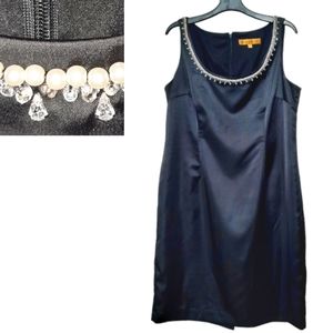 NIPÓN Satin Sheath Dress Pearl Rhinestone Collar LBD Sophisticate Black 14